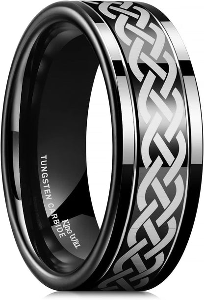 King Will Silver Black Celtic Knot/Greek Key Tungsten Wedding Rings Two Grooves Edge Laser Polished Celtic Knot/Greek Key Center and Matte Brushed Surface Wedding Band for Men Women
