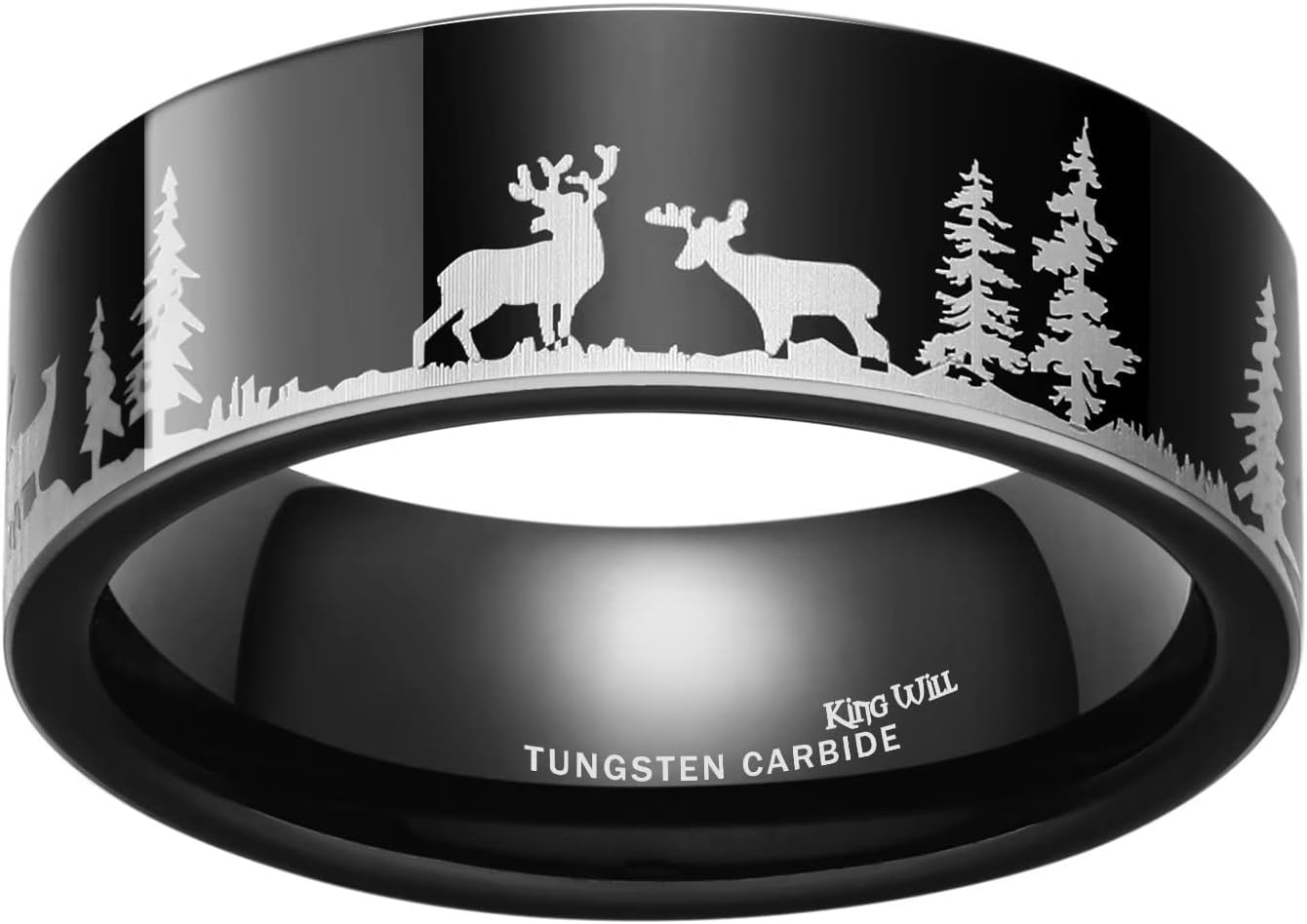 King Will Mens 6mm 8mm Black Silver Tungsten Carbide Wedding Ring Inlaid Lasered Seagull/Forest Landscap/Panda/Deer/Hunting/Fly Fishing Brushed Wedding Rings for Men Women