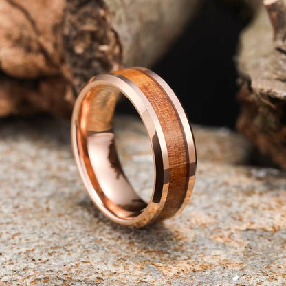 King Will Nature Koa Wood Inlay Tungsten Carbide Wedding Ring 8mm Rose Gold/Blue/Black/Silver High Polished Comfort Fit