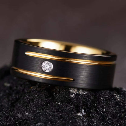King Will GEM Mens 8mm Black Polished Finish Tungsten Carbide Ring Cubic Zircon Stones Flat Style
