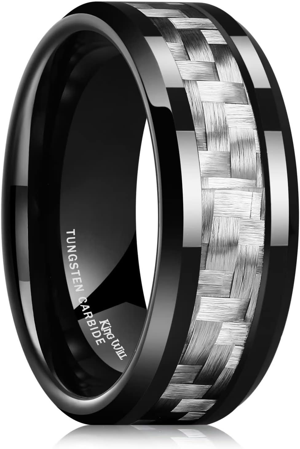 King Will GENTLEMAN 8mm Black/Red/Green/Blue/Silver Carbon Fiber Inlay Tungsten Carbide Ring Black Wedding Band Polished Finish Edges Men’s Ring Comfort Fit for Men Women