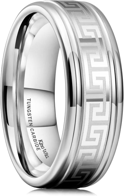King Will Silver Black Celtic Knot/Greek Key Tungsten Wedding Rings Two Grooves Edge Laser Polished Celtic Knot/Greek Key Center and Matte Brushed Surface Wedding Band for Men Women