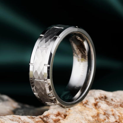 King Will Classic Mens 8mm Silver/Black/Gold/Rose Gold Tungsten Carbide Wedding Band Brick Pattern Groove Center Surface Brushed Finish