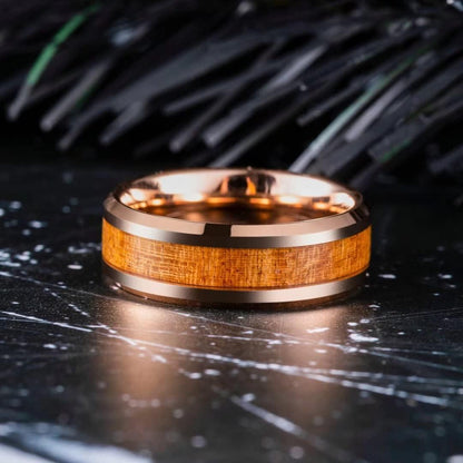 King Will Nature Koa Wood Inlay Tungsten Carbide Wedding Ring 8mm Rose Gold/Blue/Black/Silver High Polished Comfort Fit