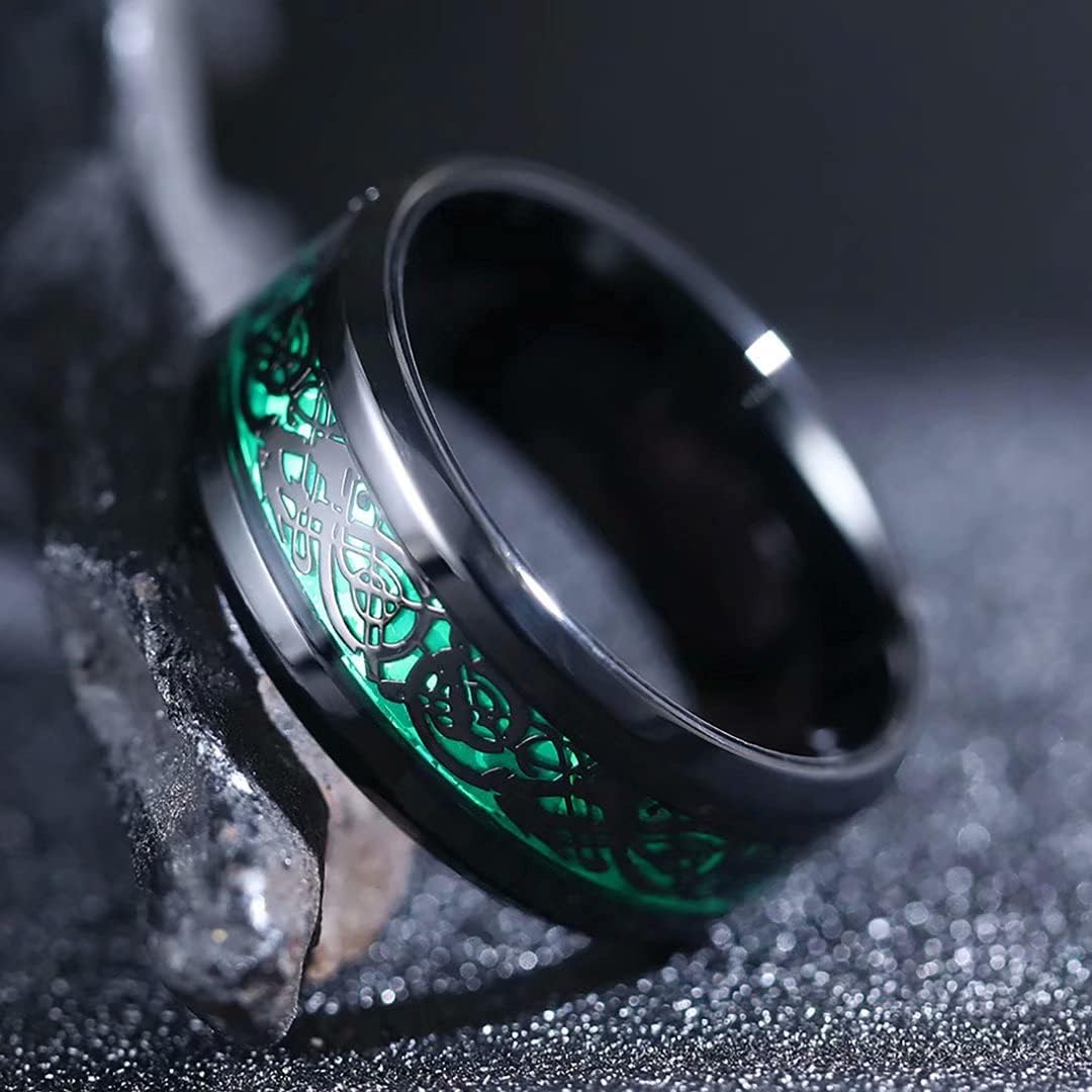 King Will DRAGON Mens Celtic Dragon Titanium Stainless Steel Ring Blue/Black/Green/Red Carbon Fibre Luminou Glow Celtic Dragon Titanium Stainless Steel Ring 7mm 8mm 9mm Zircon Polished Beveled Edge and Black Plated Wedding Band mens