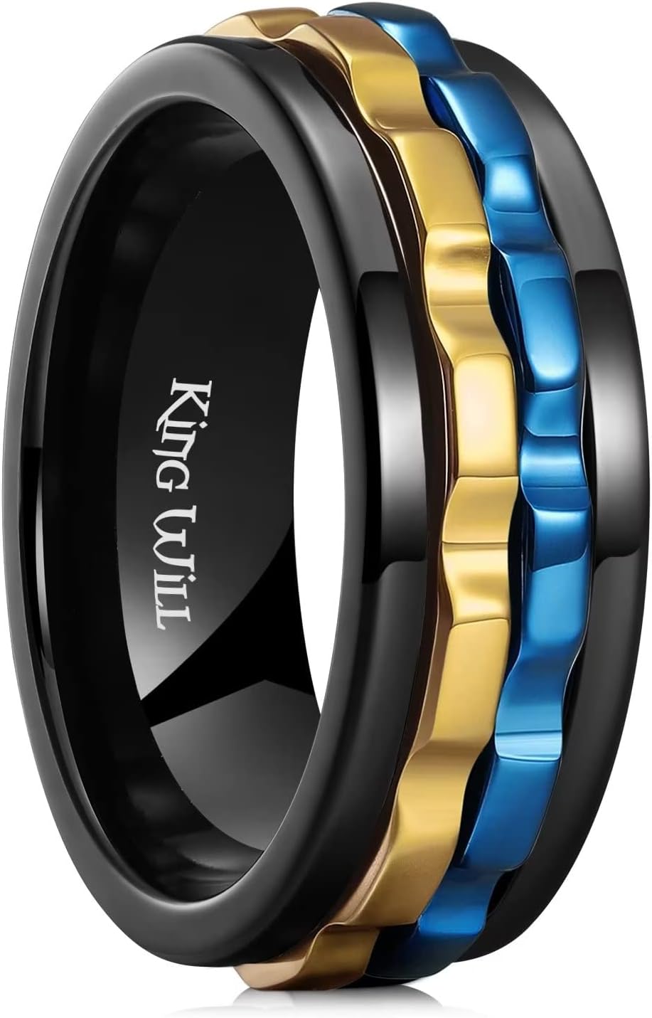 King Will Mens Black Blue Gear Spinner Rings Stainless Steel Fidgets Two Black Gear Fidget Ring High Polish Anxiety Ring For Men Women Wedding Band