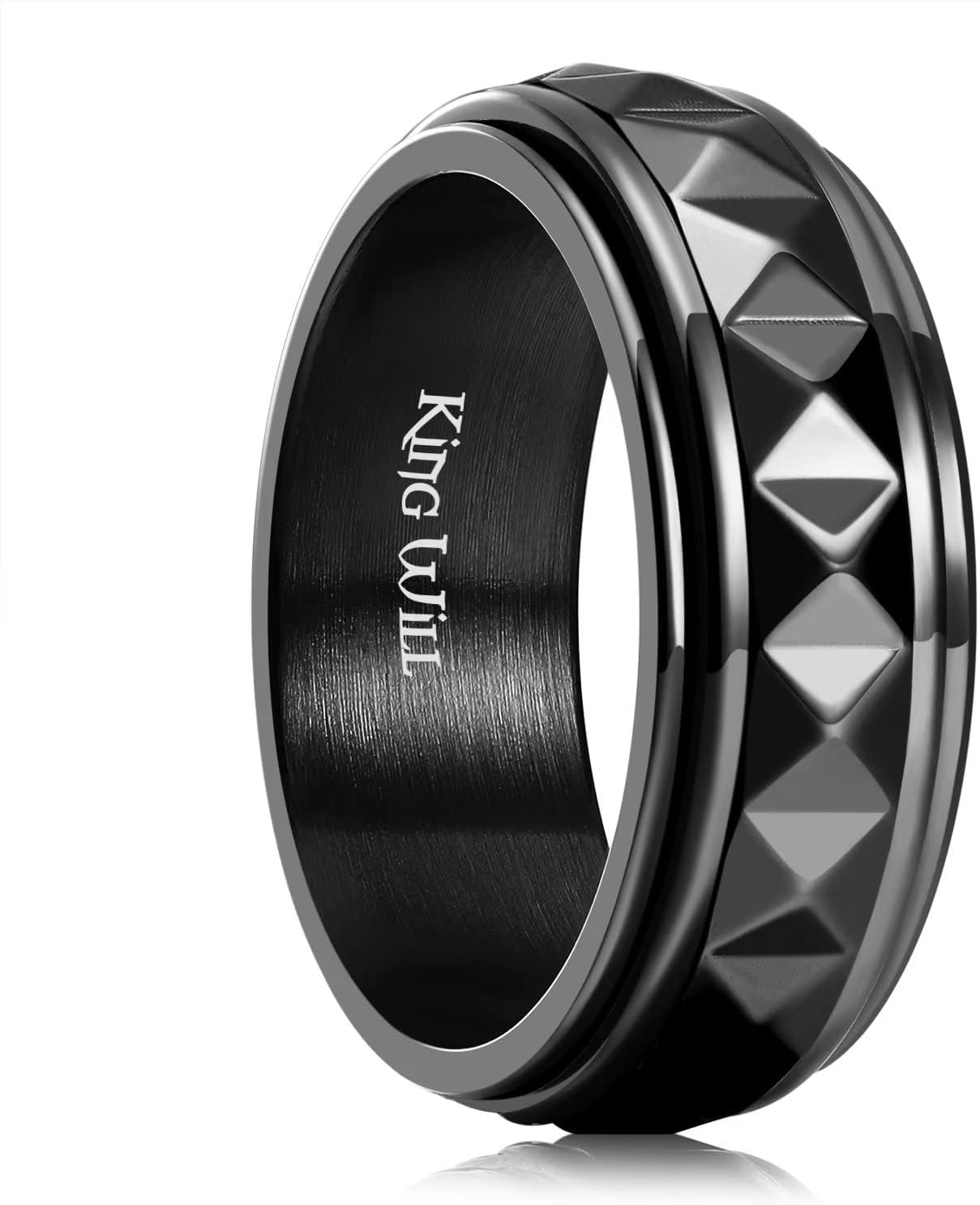 King Will 8mm Black/Silver Spinner Stainless Steel Ring Fidget Ring Anxiety Ring for Men Brushed Greek Key/Viking Pattern/Roman Numerals/Hammered Relieving Stress Ring