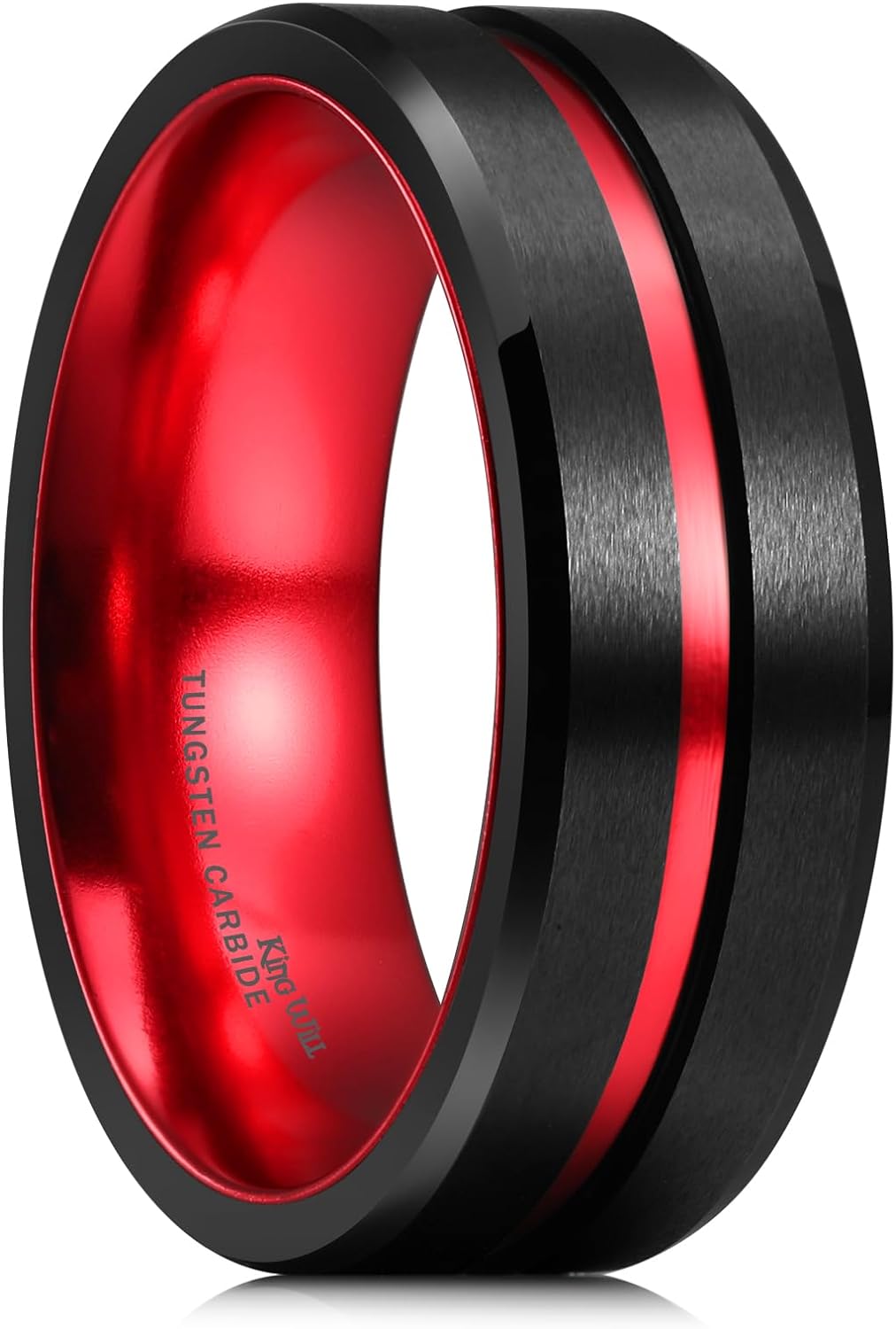 King Will 6mm 7mm 8mm Groove Tungsten Carbide Wedding Ring for Men Black/Silver/Rainbow/Rose Gold/Red/Brown/Blue Thin Groove Center Tungsten Wedding Band Matte Finish