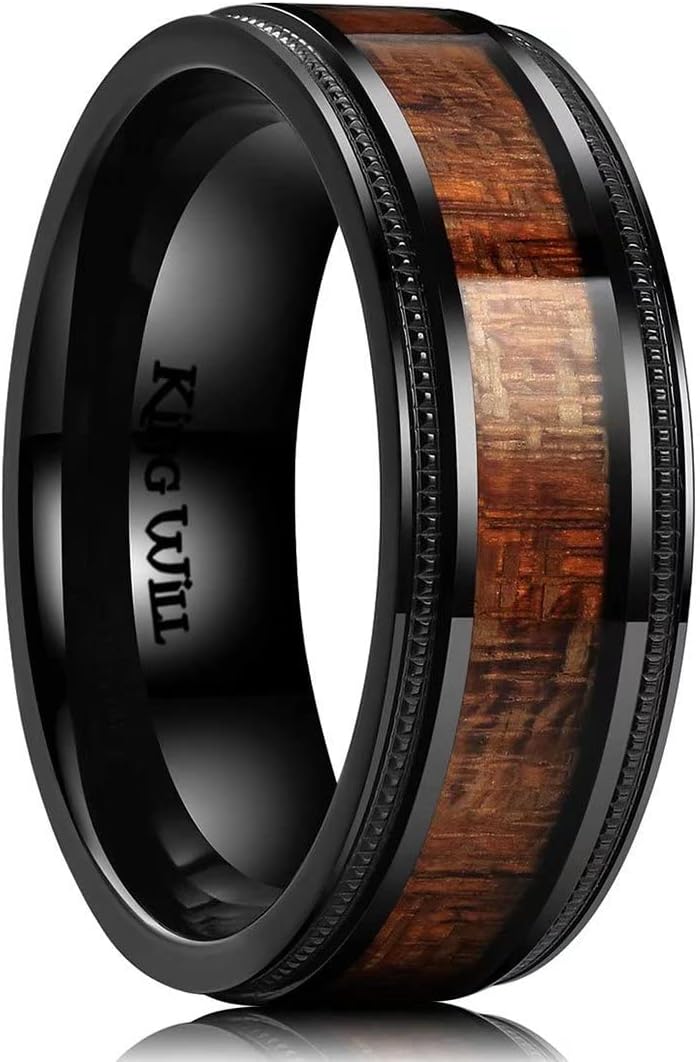 King Will NATURE 7mm 8mm Titanium Ring Black/Silver/Green with Wood Inlay Wedding Band Ring for Men Real Comfort Fit