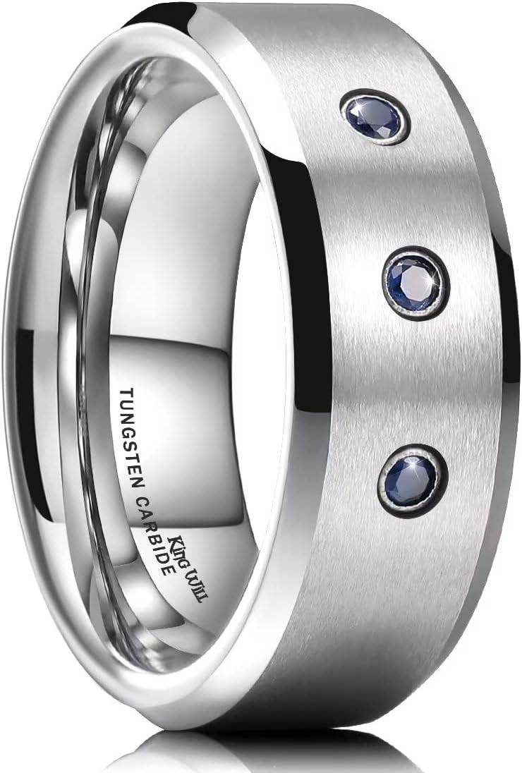 King Will GEM Mens 8mm Black Polished Finish Tungsten Carbide Ring Cubic Zircon Stones Flat Style
