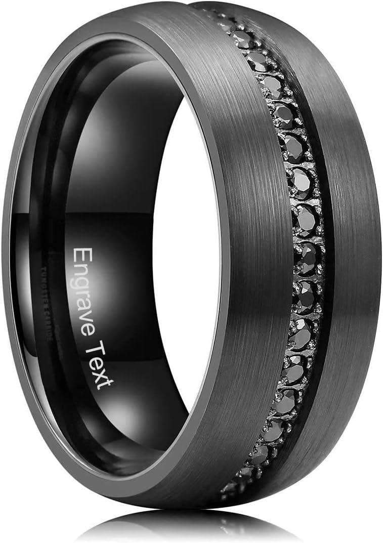 King Will GEM Custom Engraving Mens 8mm Tungsten Carbide Ring Cubic Zircon Stones Engagement Wedding Promise Band for Women Men Personalized