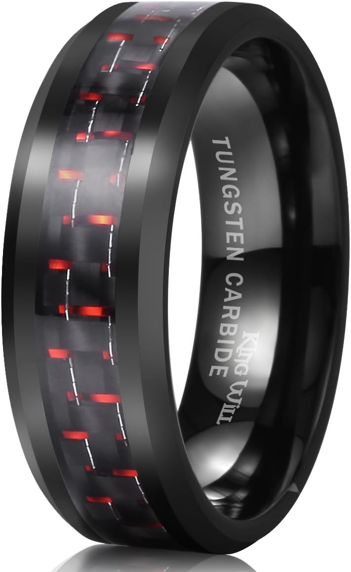 King Will GENTLEMAN 8mm Black/Red/Green/Blue/Silver Carbon Fiber Inlay Tungsten Carbide Ring Black Wedding Band Polished Finish Edges Men’s Ring Comfort Fit for Men Women