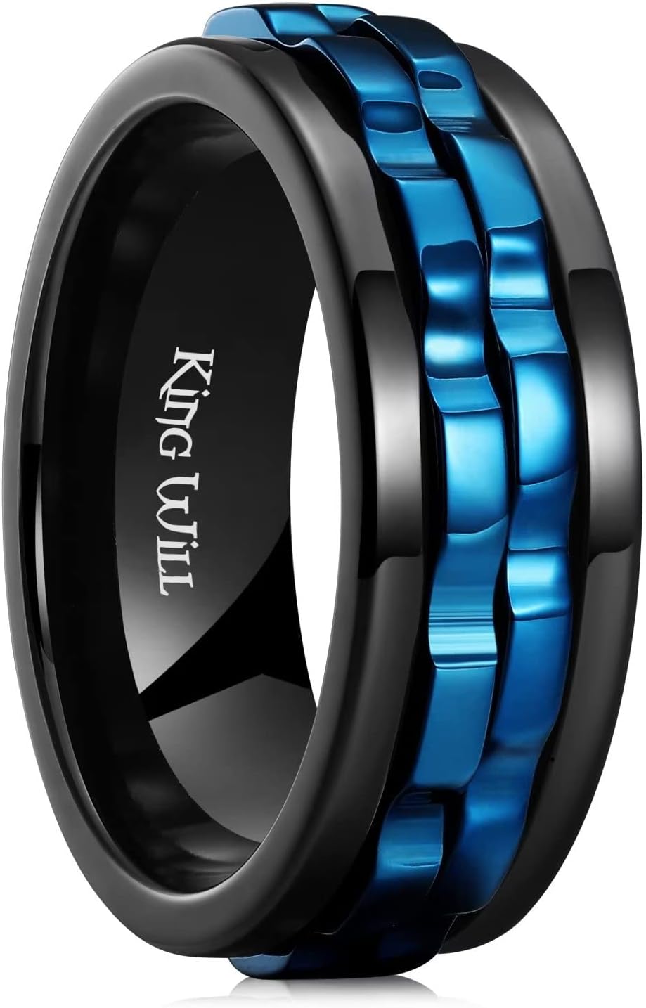 King Will Mens Black Blue Gear Spinner Rings Stainless Steel Fidgets Two Black Gear Fidget Ring High Polish Anxiety Ring For Men Women Wedding Band