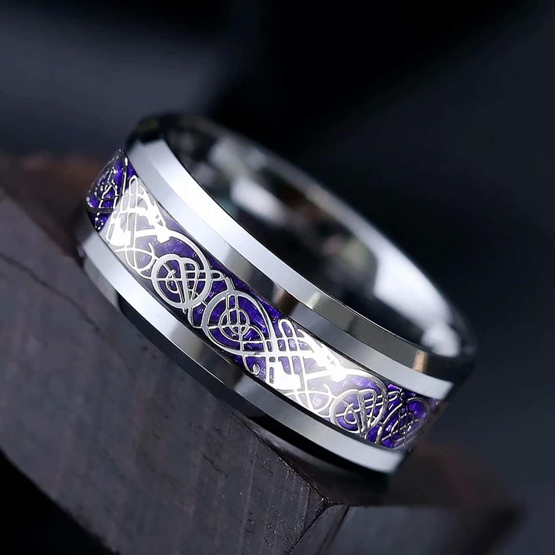 King Will DRAGON Men's 8mm/6mm/5mm Red/Green Carbon Fiber Black Celtic Dragon Tungsten Carbide Ring Comfort Fit Wedding Band