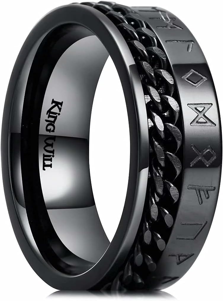 King Will 8mm Black/Silver Spinner Stainless Steel Ring Fidget Ring Anxiety Ring for Men Brushed Greek Key/Viking Pattern/Roman Numerals/Hammered Relieving Stress Ring