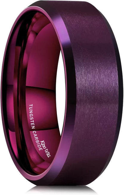 King Will Basic Unisex Silver/Black/Blue/Rose Gold/Gold/Purple Tungsten Carbide Matte Polished Finish Wedding Beveled Edge Engagement Band Ring for Men Women