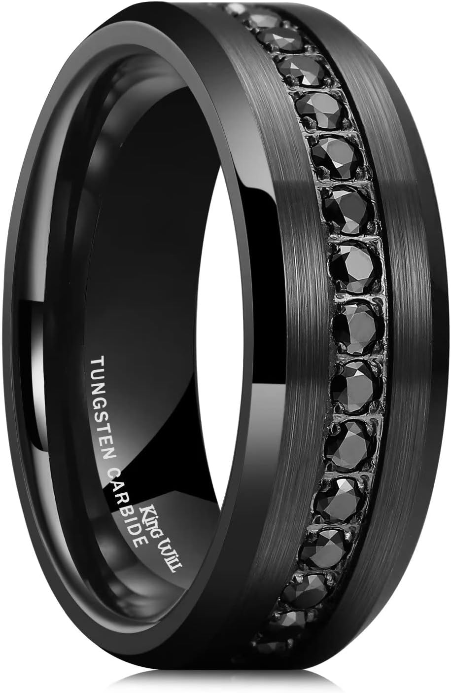 King Will GEM Mens 8mm Black Polished Finish Tungsten Carbide Ring Cubic Zircon Stones Flat Style