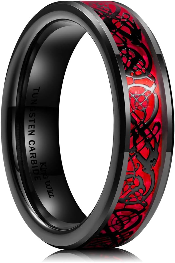 King Will Men's 8mm Green/Red/Blue/Purple Carbon Fiber Black Celtic Dragon Tungsten Carbide Ring Comfort Fit