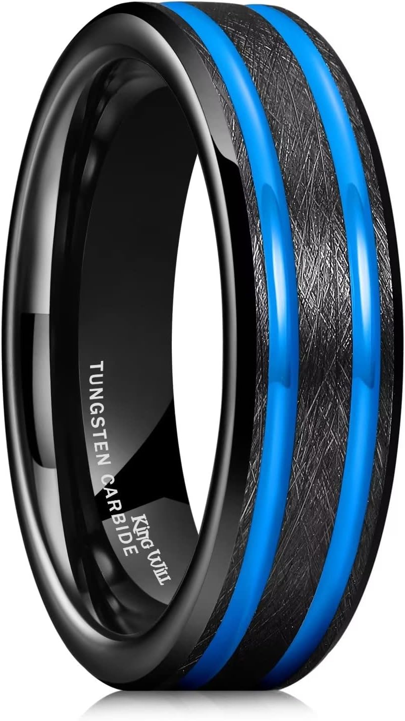 King Will 6mm 7mm 8mm Groove Tungsten Carbide Wedding Ring for Men Black/Silver/Rainbow/Rose Gold/Red/Brown/Blue Thin Groove Center Tungsten Wedding Band Matte Finish