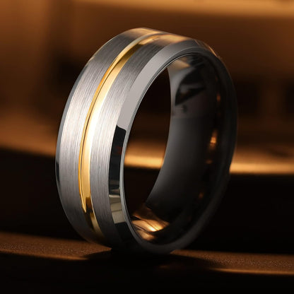 King Will 8mm Men's Tungsten Carbide Silver/Gold/Rose Gold Ring Gold Domed High Polished/Grooved/Faceted/Sandstone Sticker Inlay Step Edge Comfort Fit Wedding Ring