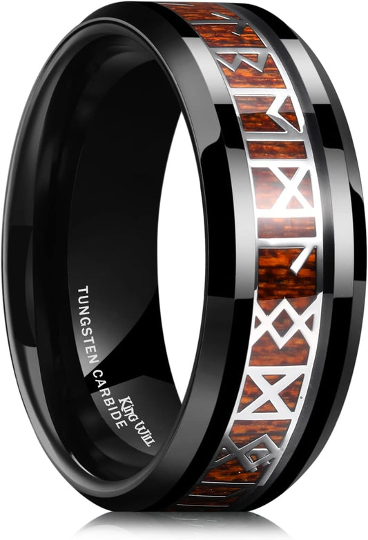 King Will Tungsten Carbide Wedding Band for Men - 8mm Black Plated High Polished Inlay Norse Viking Rune Rings for Any Ocassion Ring Comfort Fit