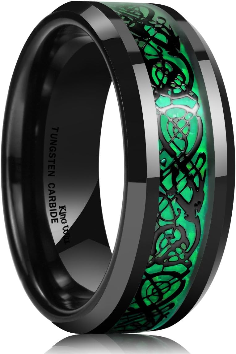 King Will Men's 8mm Green/Red/Blue/Purple Carbon Fiber Black Celtic Dragon Tungsten Carbide Ring Comfort Fit