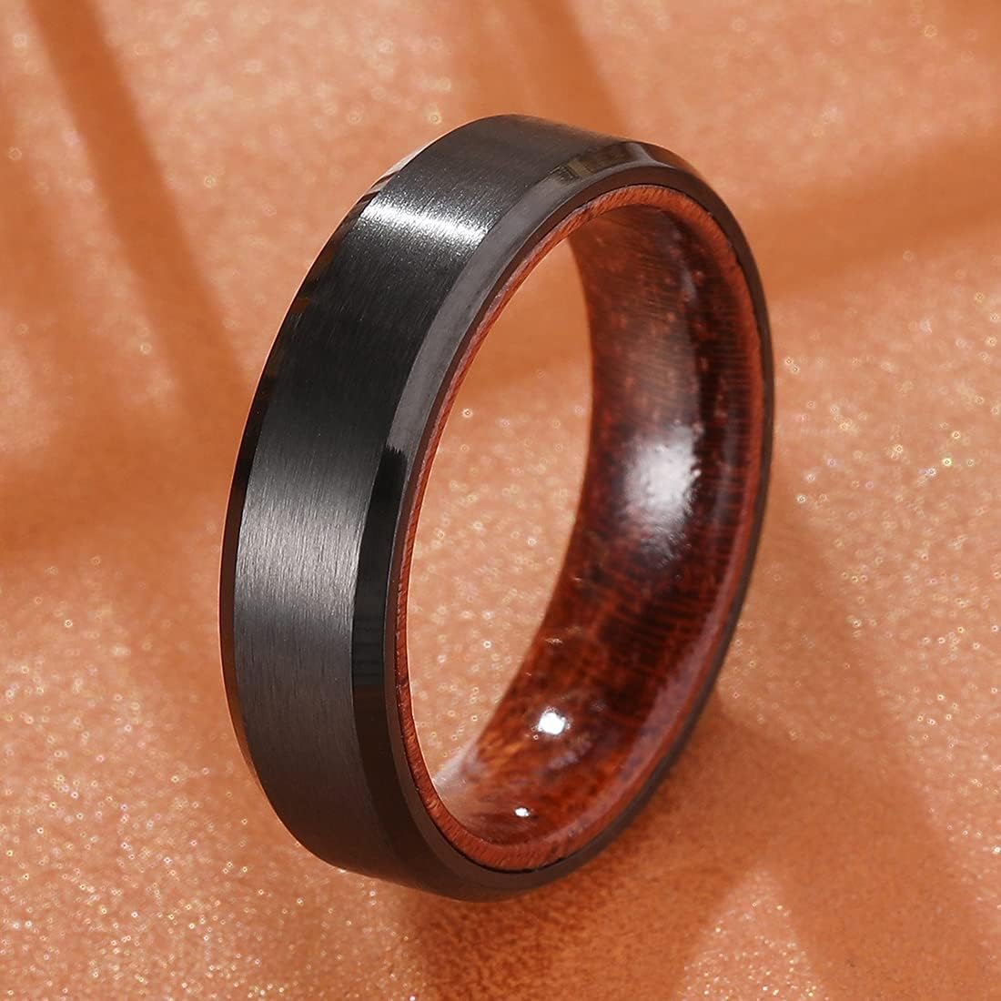 King Will 6mm/8mm Silver/Black Hammered Titanium Ring Inlaid Wood Inner Hole Wedding Band for Men Matte Brushed Comfort Fit