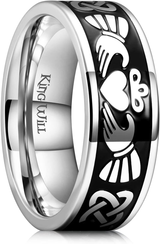 King Will Stainless Steel Wedding Band for Men - 8mm Black Silver Plated High Polished Inlay Celtic knot Ring for Everyday Wear Comfort Fit