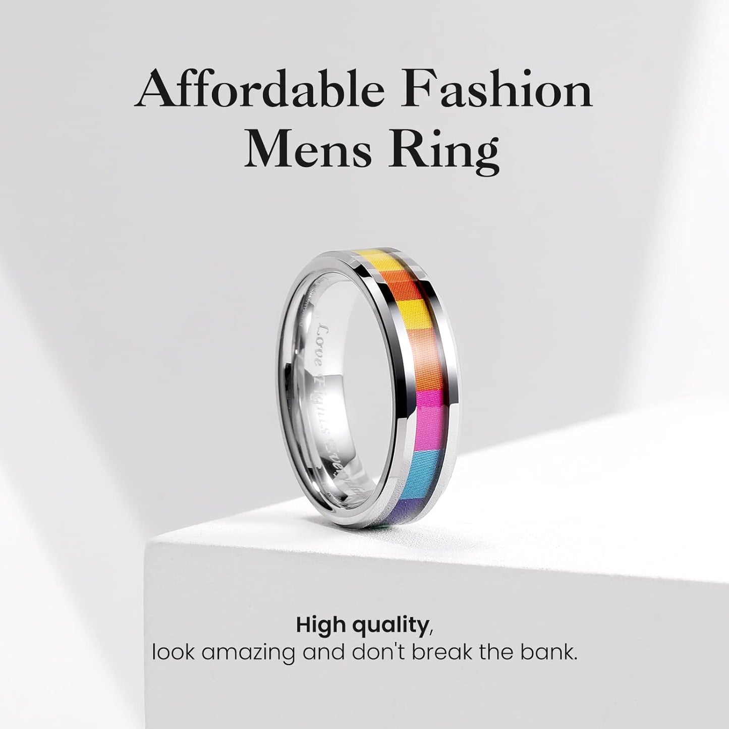 King Will Tungsten Carbide Wedding Band for Men - 8mm Black Plated High Polished Inlay Rainbow Sticker Rings for Weddding Engagement Comfort Fit