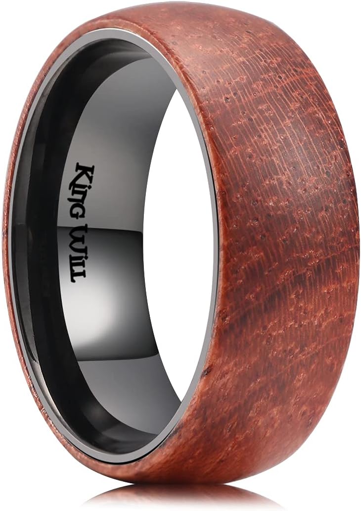 King Will 6mm/8mm Silver/Black Hammered Titanium Ring Inlaid Wood Inner Hole Wedding Band for Men Matte Brushed Comfort Fit