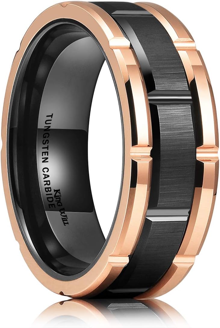 King Will Classic Mens 8mm Silver/Black/Gold/Rose Gold Tungsten Carbide Wedding Band Brick Pattern Groove Center Surface Brushed Finish