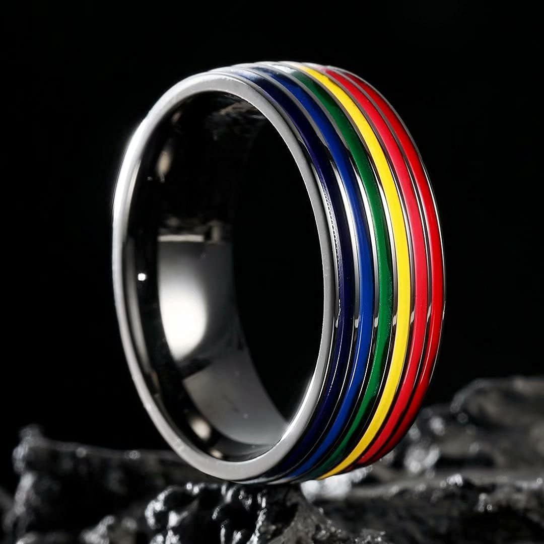 King Will 8mm Rainbow Stainless Steel Ring Pride Ring Wedding Ring for Men Women