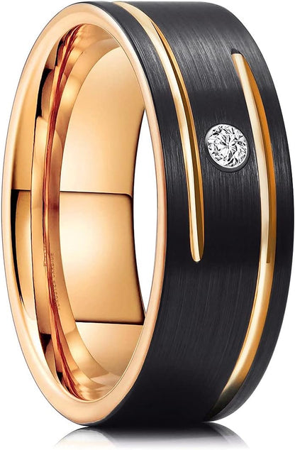 King Will GEM Mens 8mm Black Polished Finish Tungsten Carbide Ring Cubic Zircon Stones Flat Style