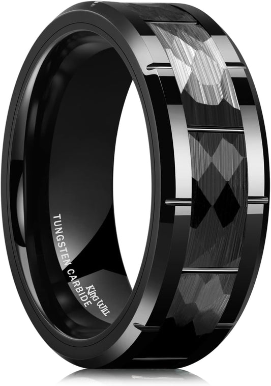 King Will Classic Mens 8mm Silver/Black/Gold/Rose Gold Tungsten Carbide Wedding Band Brick Pattern Groove Center Surface Brushed Finish