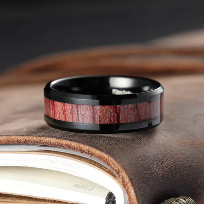 King Will Nature Koa Wood Inlay Tungsten Carbide Wedding Ring 8mm Rose Gold/Blue/Black/Silver High Polished Comfort Fit