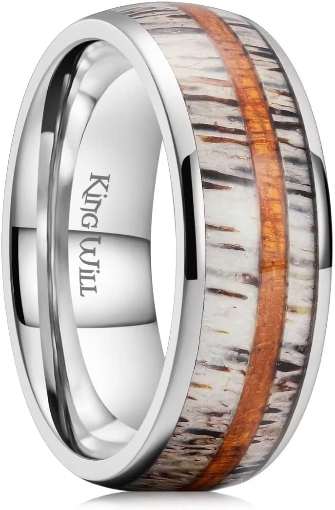 King Will 8mm Black Titanium Ring Sapele Wood Antlers Inlay Wedding Ring High Polished for Women Men Comfort Fit