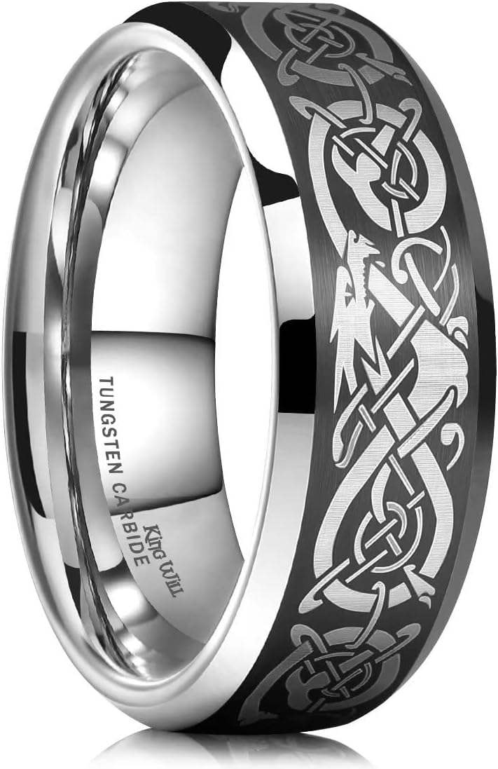 King Will 8mm Black/Silver/Blue Mens Tungsten Carbide Ring Laser Celtic Knot/Wolf Head/Dragon Polish Edge Wedding Band Size 7-14