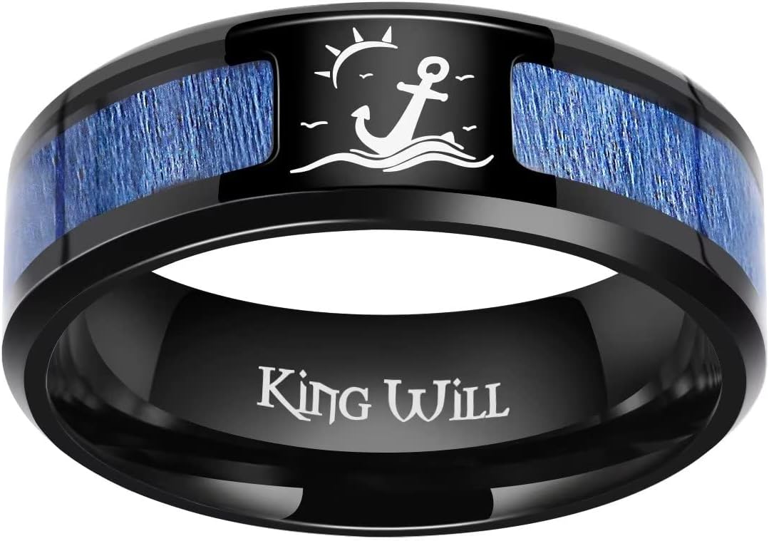 King Will 8mm Black Titanium Ring Wood/Blue Opal Inlaid Laser Tree/Diver Wedding Ring High Polished for Women Men Beveled Polished Edge