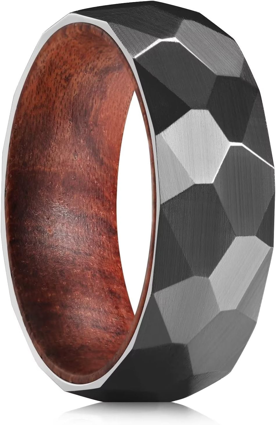 King Will 6mm/8mm Silver/Black Hammered Titanium Ring Inlaid Wood Inner Hole Wedding Band for Men Matte Brushed Comfort Fit