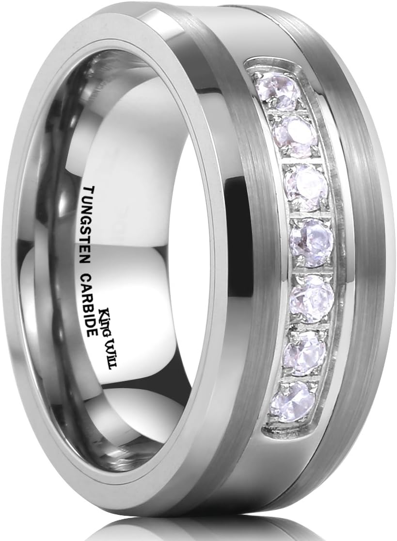 King Will GEM Mens 8mm Black Polished Finish Tungsten Carbide Ring Cubic Zircon Stones Flat Style