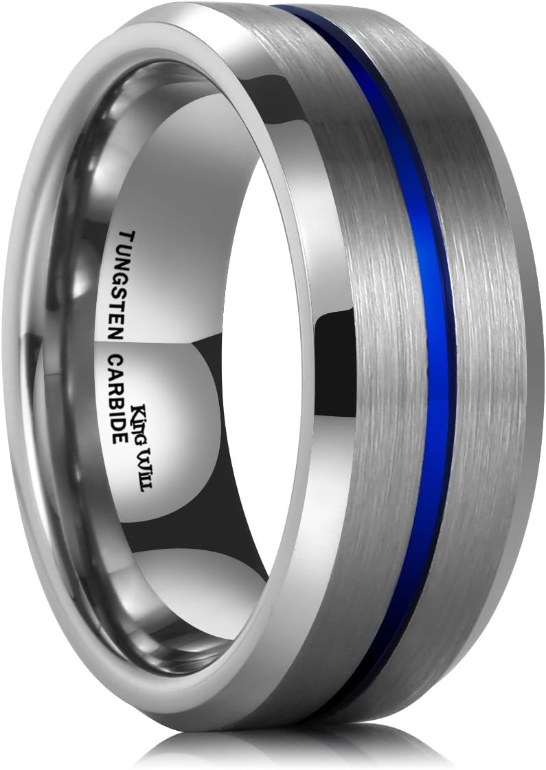 King Will Classic Tungsten Carbide Wedding Band Ring for Men - Available in Black, Silver, Gold, Blue, Brown, Red, and Purple Grooved Center Comfort Fit Suitable For Every Day Wear