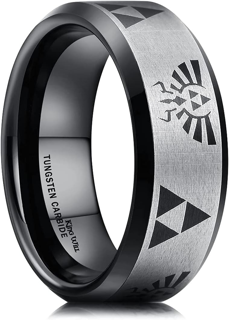 King Will 8mm Mens Black/Blue Tungsten Carbide Wedding Ring The Legend of Zelda Ring Matte Finished Plated Stepped Beveled Edges