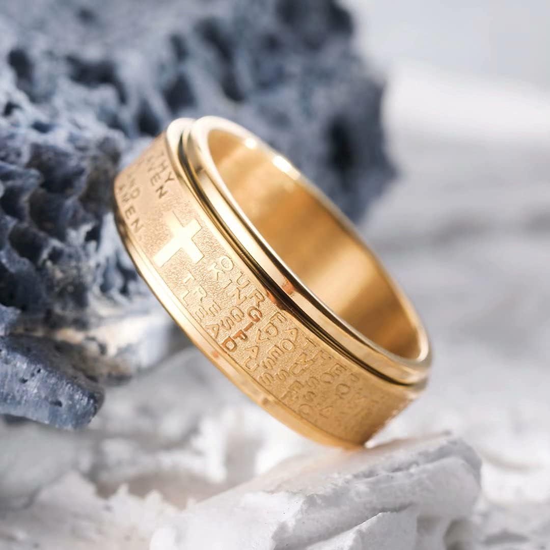 King Will 8mm Black/Gold/Silver Stainless Steel Ring Lord's Prayer Rotatable Ring Men Wedding Band Rings Comfort Fit