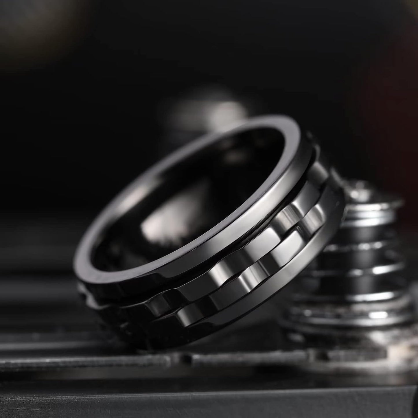 King Will Mens Black Blue Gear Spinner Rings Stainless Steel Fidgets Two Black Gear Fidget Ring High Polish Anxiety Ring For Men Women Wedding Band