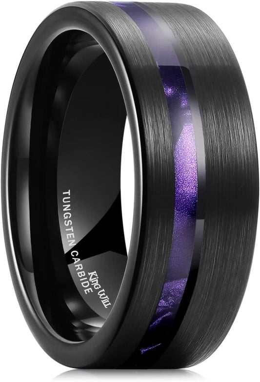 King Will 8mm Wood/Red Opal/Gold Foils/Purple Meteorite Inlaid Black Tungsten Carbide Rings Wedding Band Brushed Hammered Men’s Engagement Ring Comfort Fit for Men Women