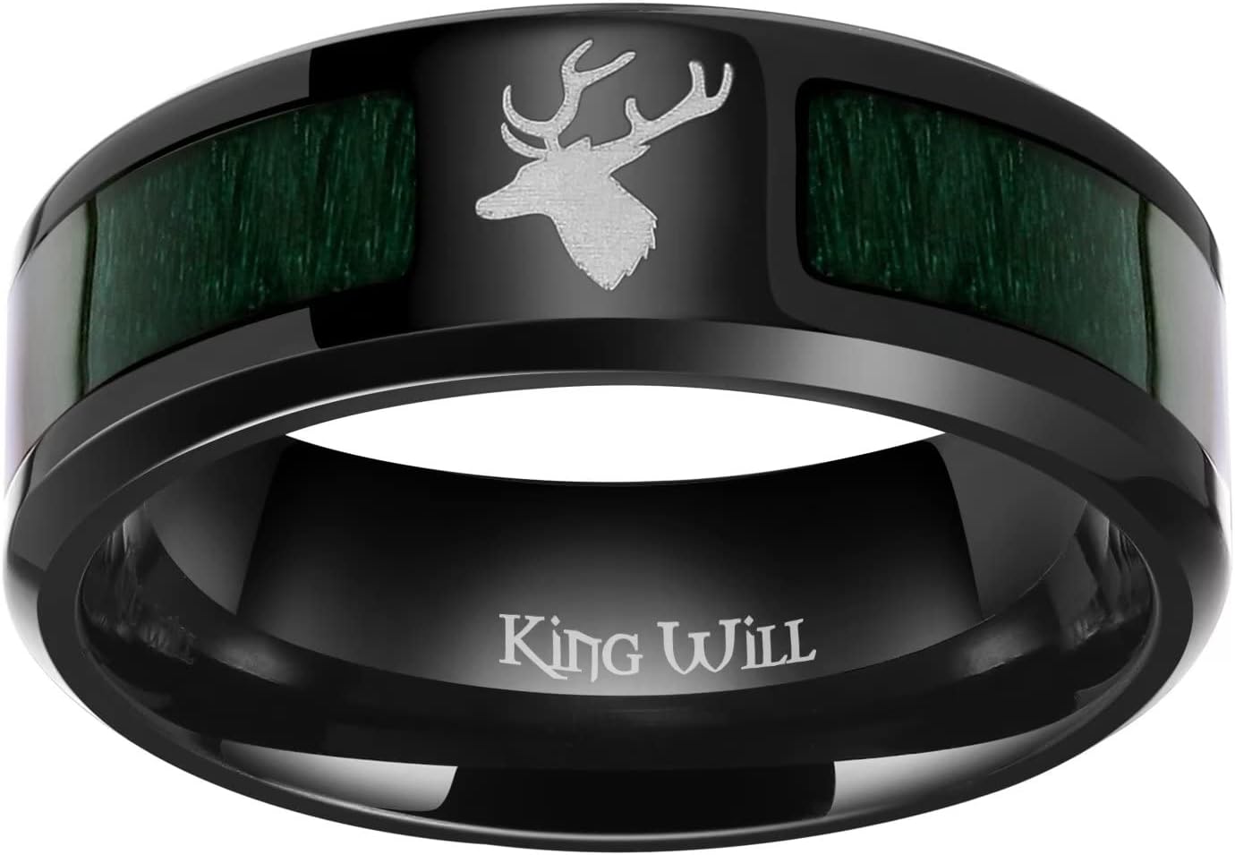 King Will 8mm Black Titanium Ring Wood/Blue Opal Inlaid Laser Tree/Diver Wedding Ring High Polished for Women Men Beveled Polished Edge