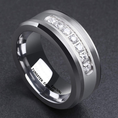 King Will GEM Mens 8mm Black Polished Finish Tungsten Carbide Ring Cubic Zircon Stones Flat Style