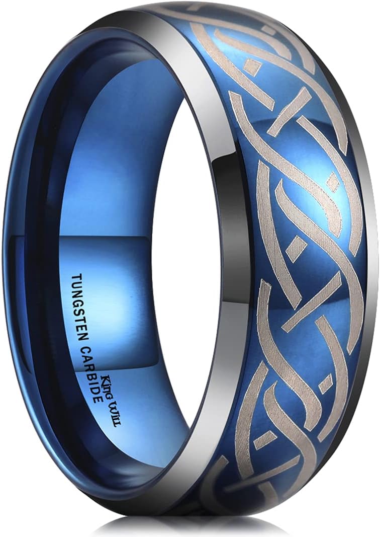 King Will 8mm Black/Silver/Blue Mens Tungsten Carbide Ring Laser Celtic Knot/Wolf Head/Dragon Polish Edge Wedding Band Size 7-14