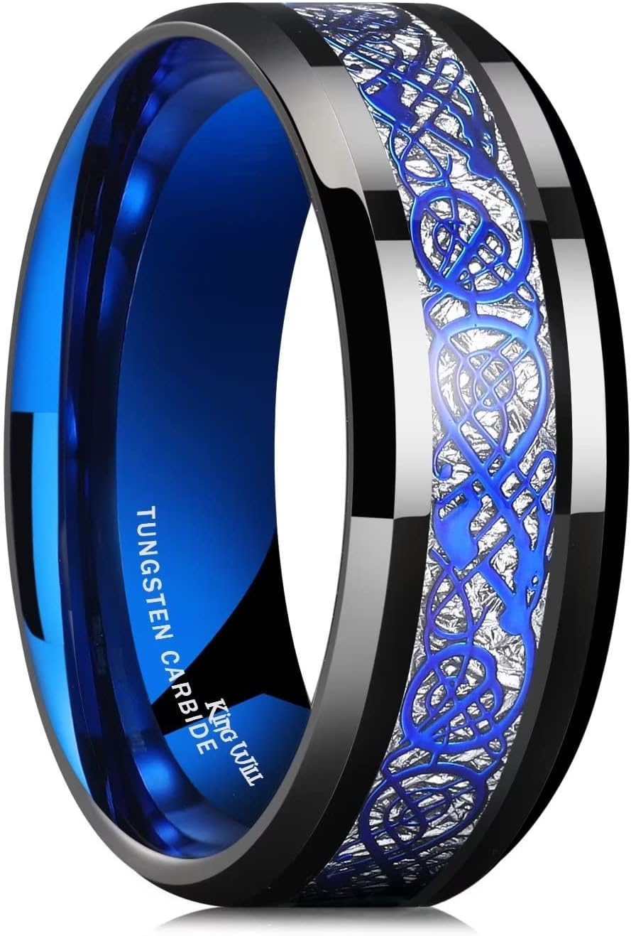 King Will Men's 8mm Green/Red/Blue/Purple Carbon Fiber Black Celtic Dragon Tungsten Carbide Ring Comfort Fit