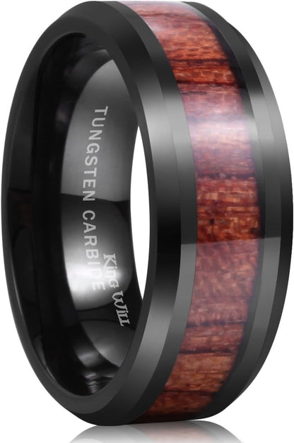 King Will Nature Koa Wood Inlay Tungsten Carbide Wedding Ring 8mm Rose Gold/Blue/Black/Silver High Polished Comfort Fit